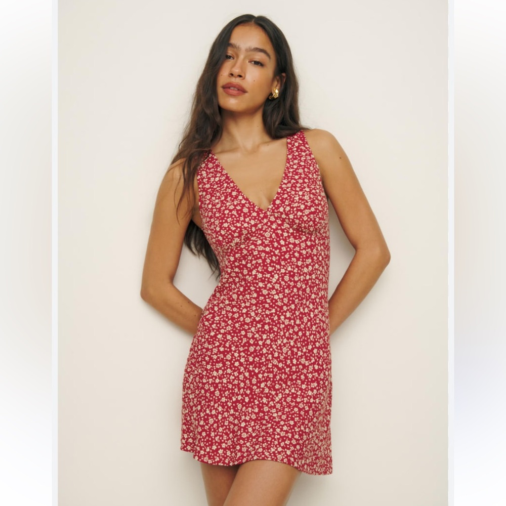 Reformation Red Floral V-Neck Mini Dress